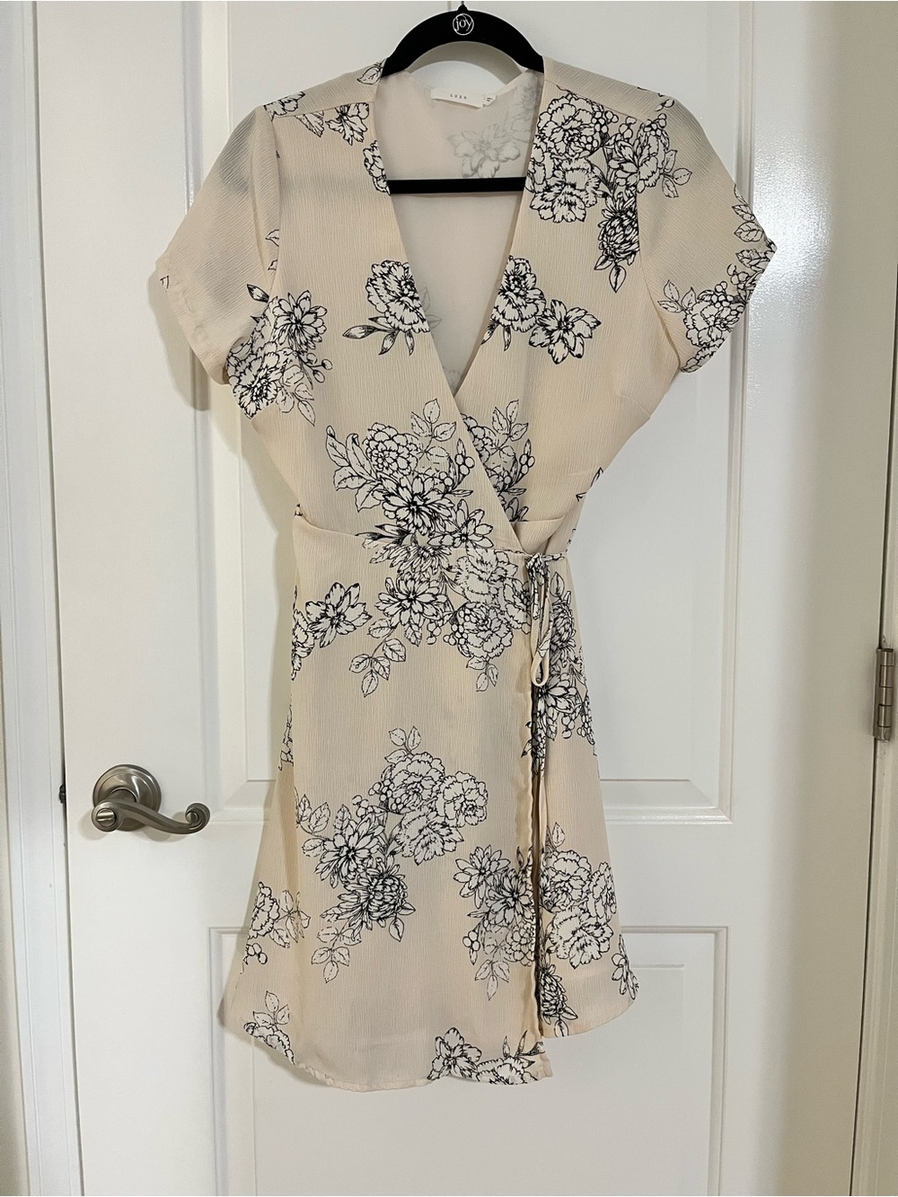 NWOT Lush Cream Wrap Mini Dress with Black and White Floral Print